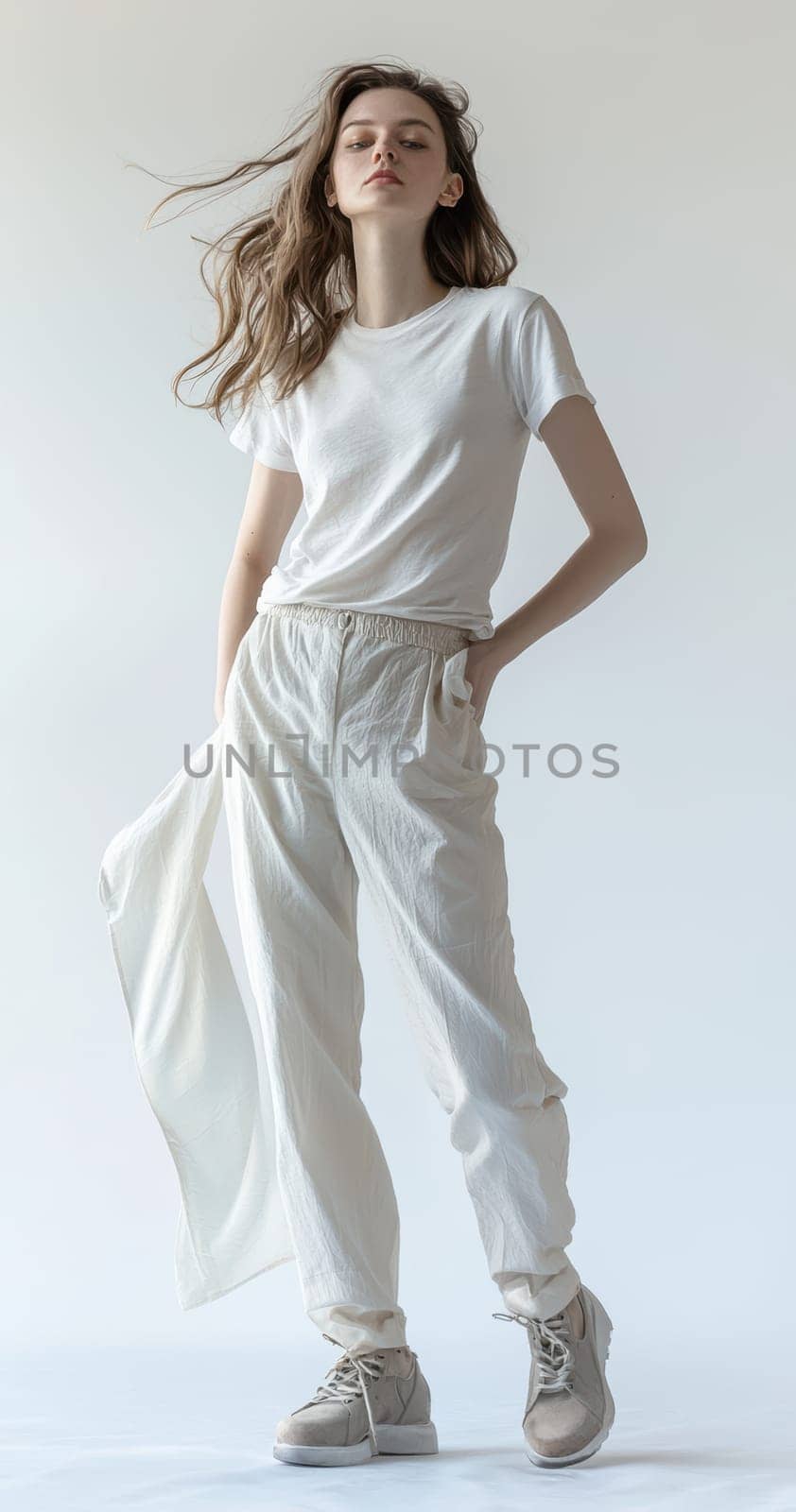 This model is showcasing a trendy yet comfortable casual outfit that is perfect for todays modern fashion scene