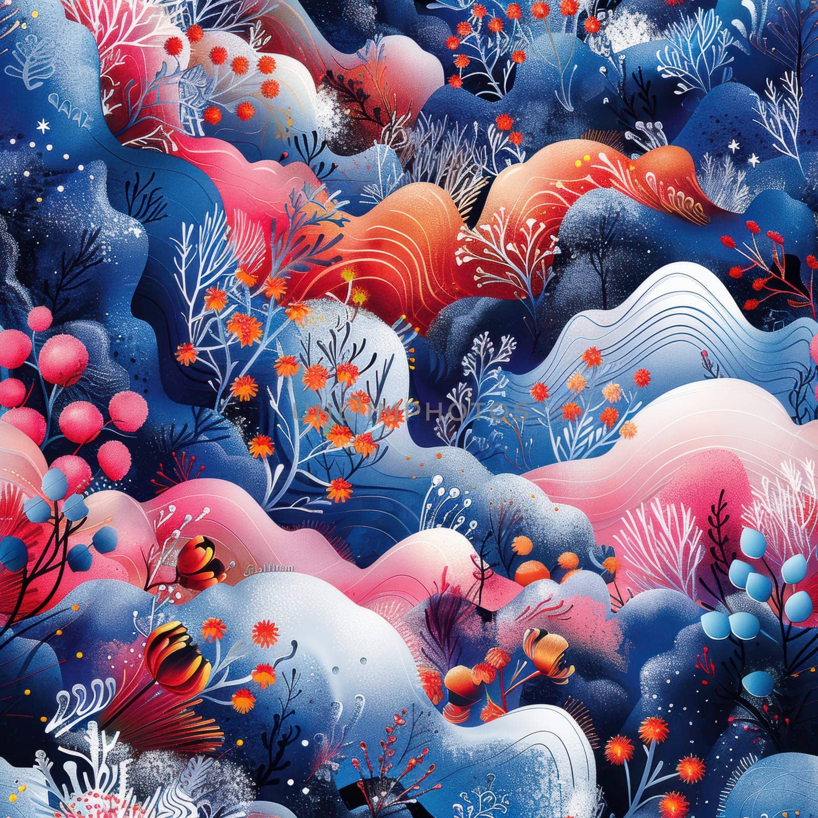 A stunning abstract representation of an oceanic scene, filled with vibrant colors and organic shapes.