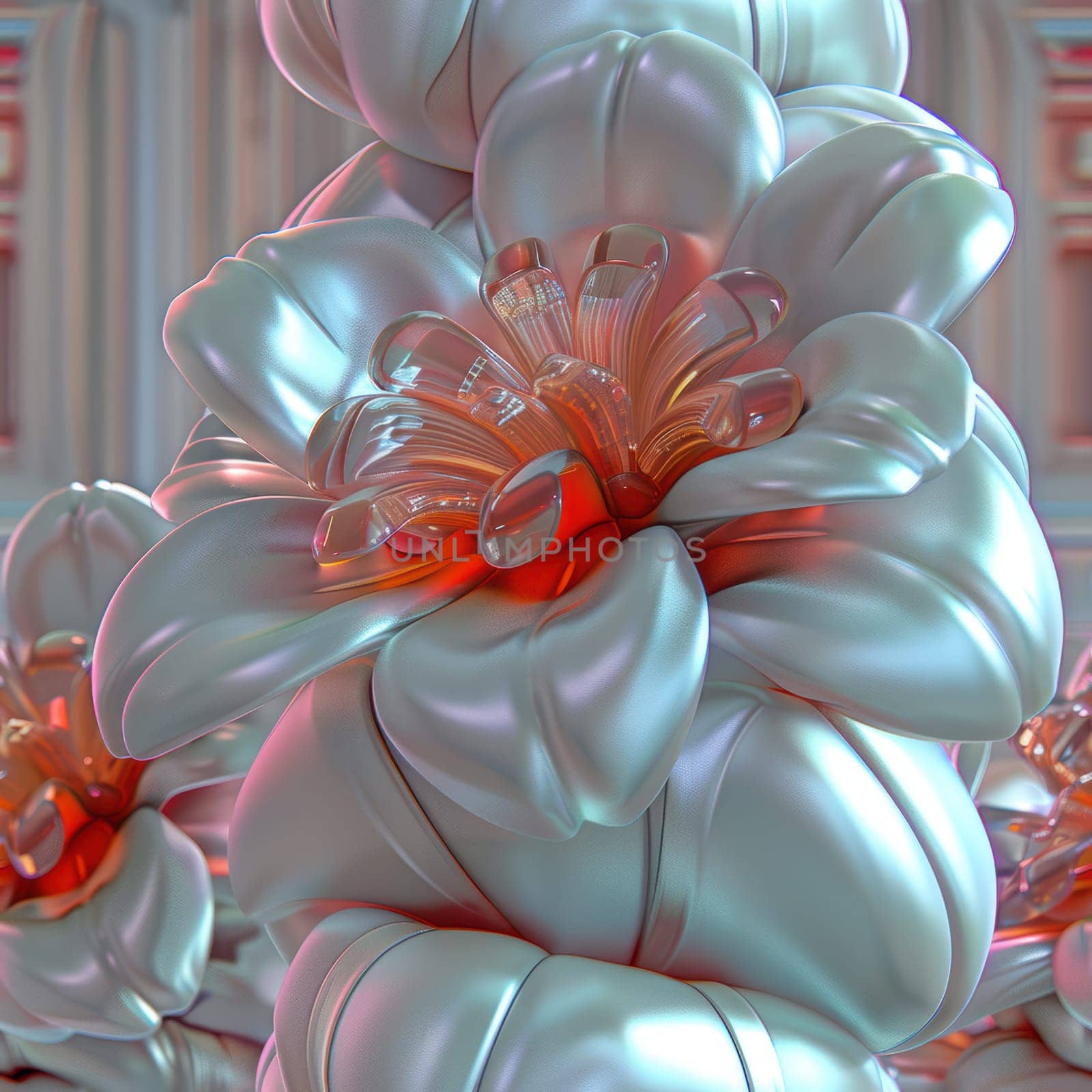 A captivating depiction of an artistic flower sculpture with glossy petals and a striking central core