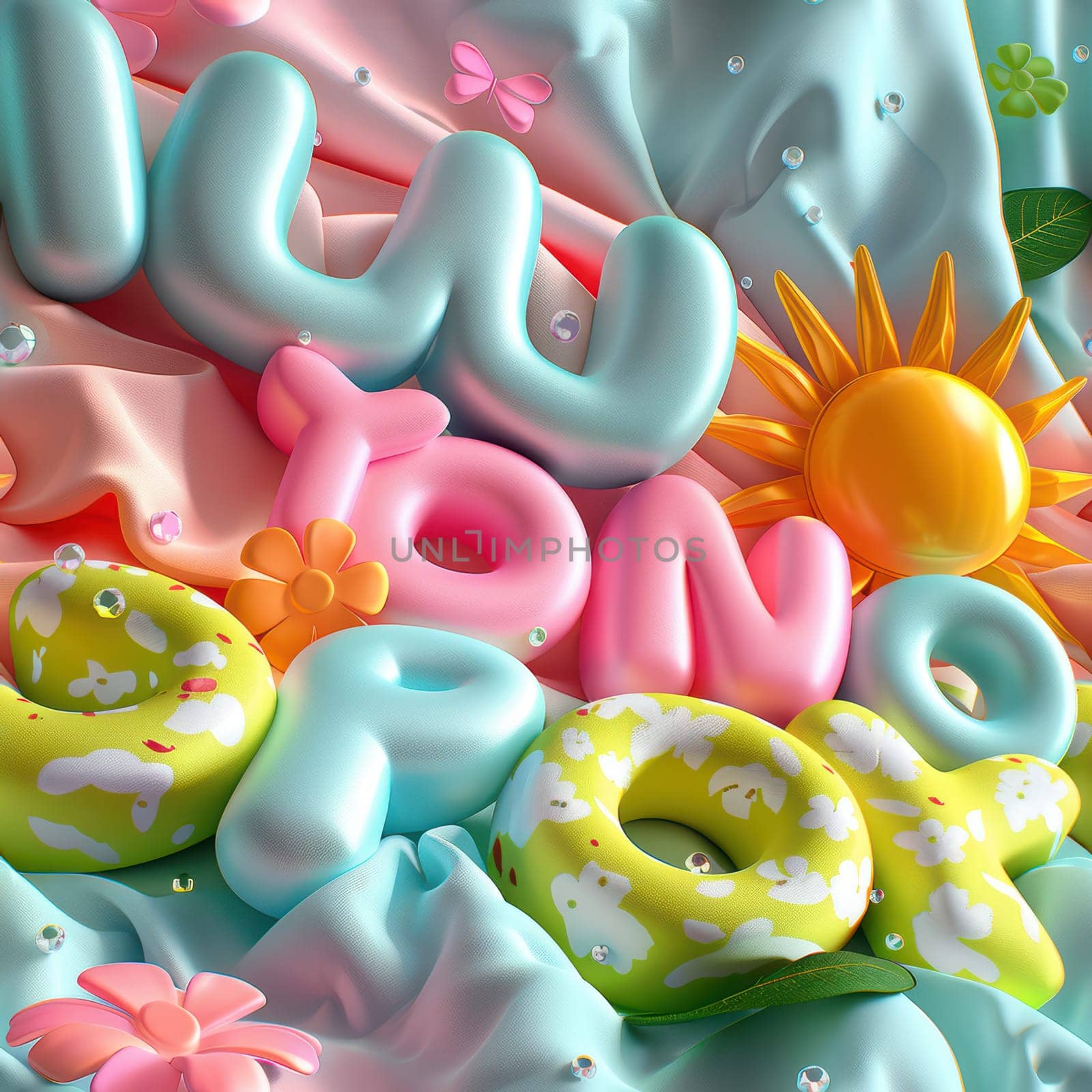 Vibrant foam letters alongside cheerful decorations arranged beautifully on soft fabric, perfect for playful themes