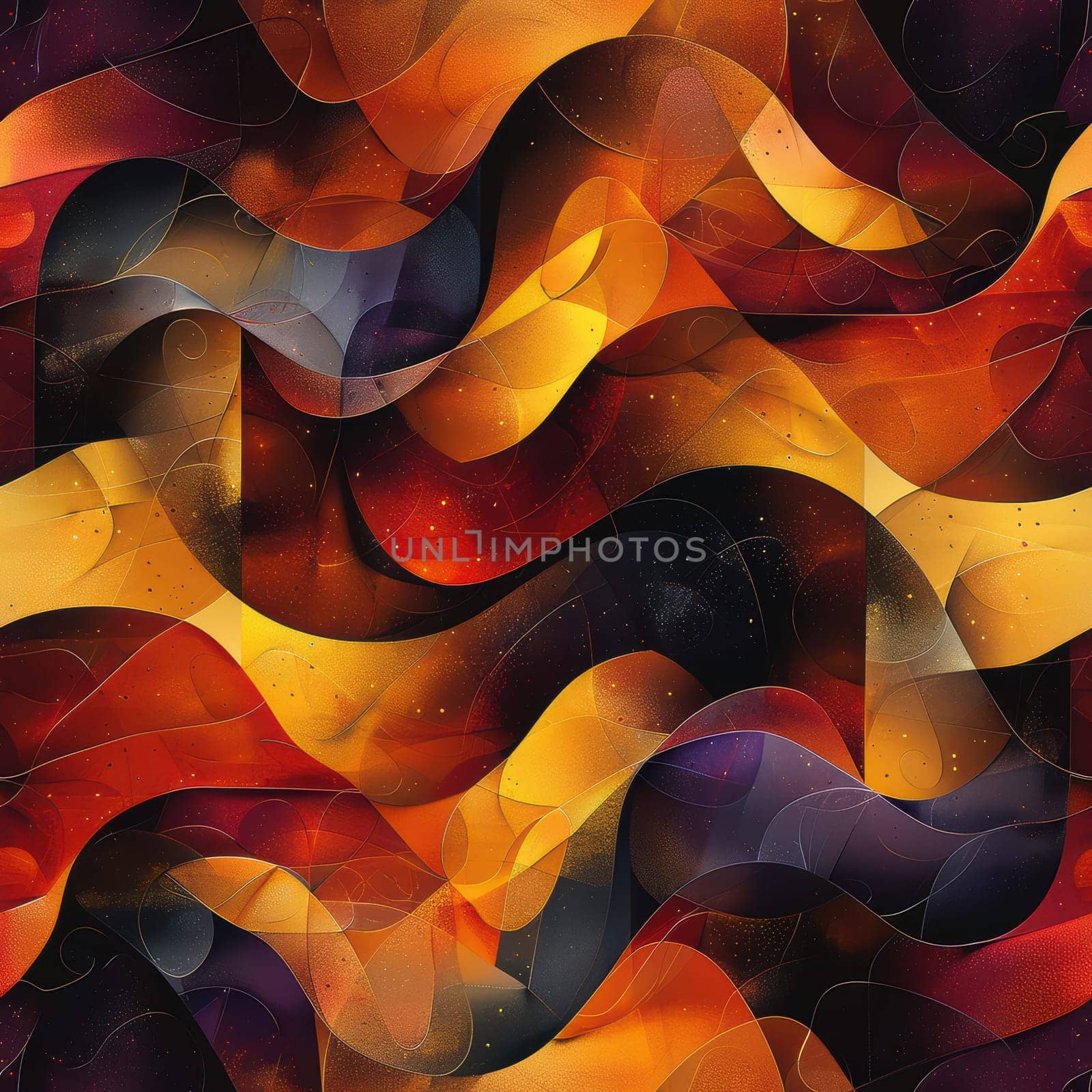 This artwork showcases a stunning blend of fiery colors and mesmerizing cosmic textures set in an abstract wave pattern