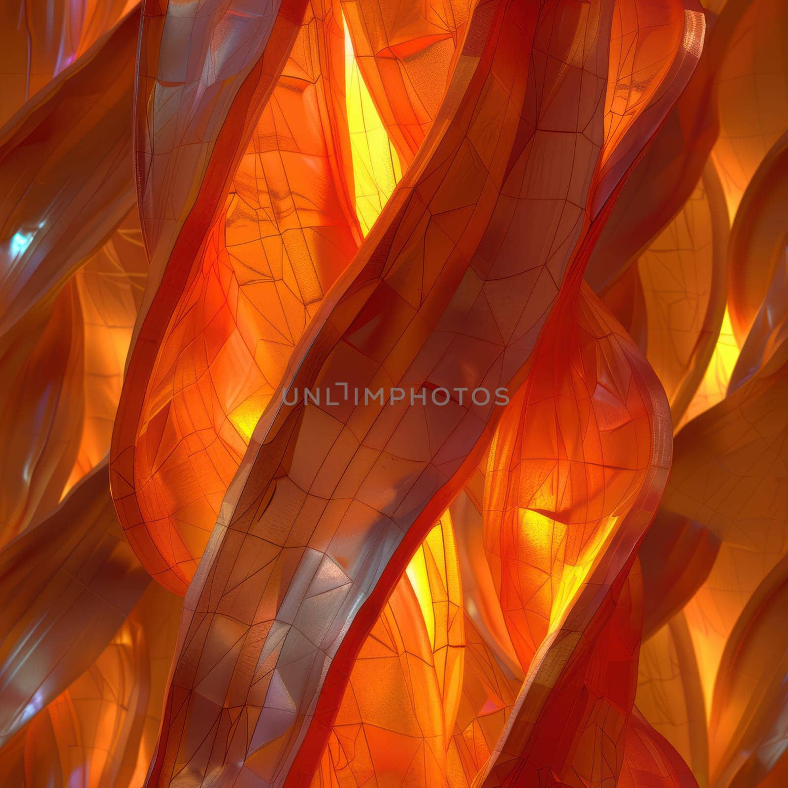 Incredible vibrant twisting forms crafted in orange and amber hues, glowing brilliantly with an ethereal light