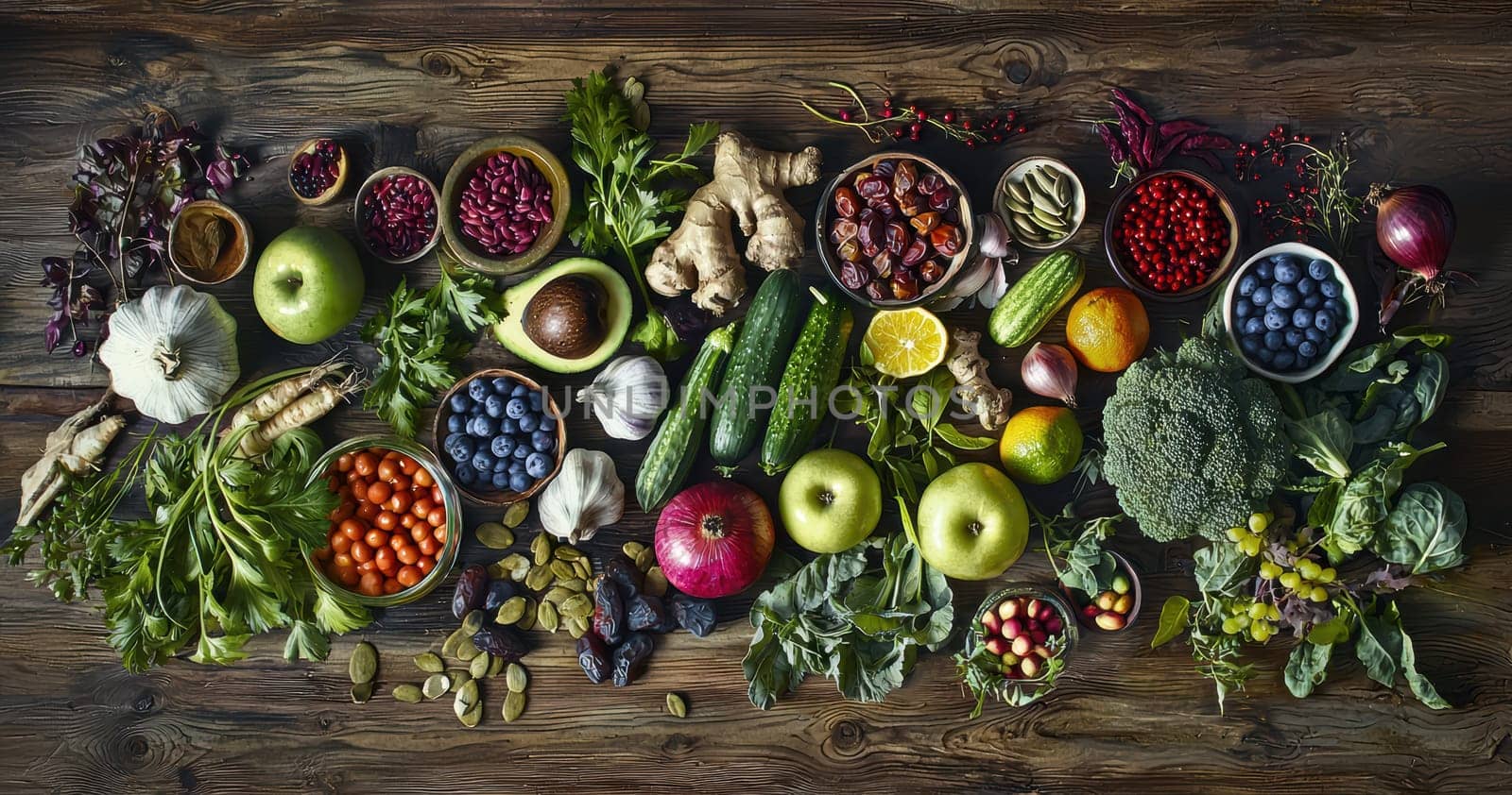 A vibrant display of assorted organic fruits and vegetables on rustic wood, appealing to healthconscious eaters