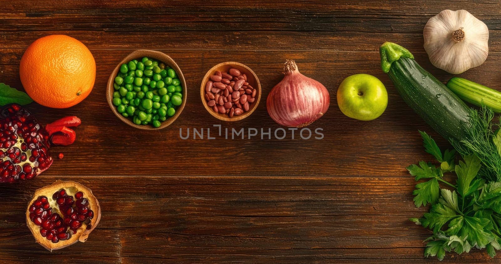 A vibrant and colorful display featuring assorted fruits and vegetables arranged beautifully on a rustic wooden table