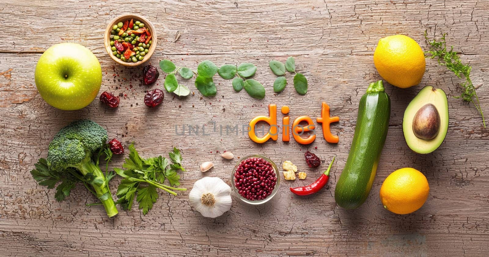 An assorted array of fresh fruits along with vibrant vegetables, all promoting a healthy and wholesome diet lifestyle
