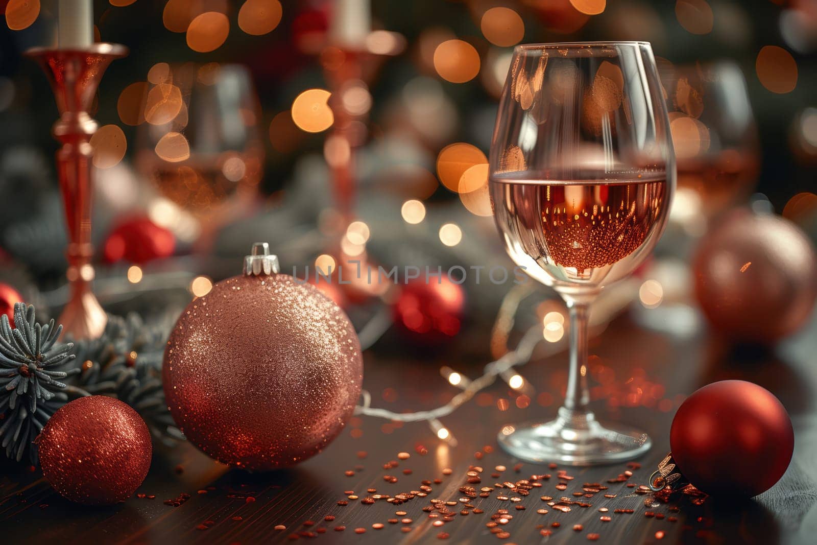 A beautifully decorated holiday setting that features exquisite wine, cheerful ornaments, and bright sparkling lights