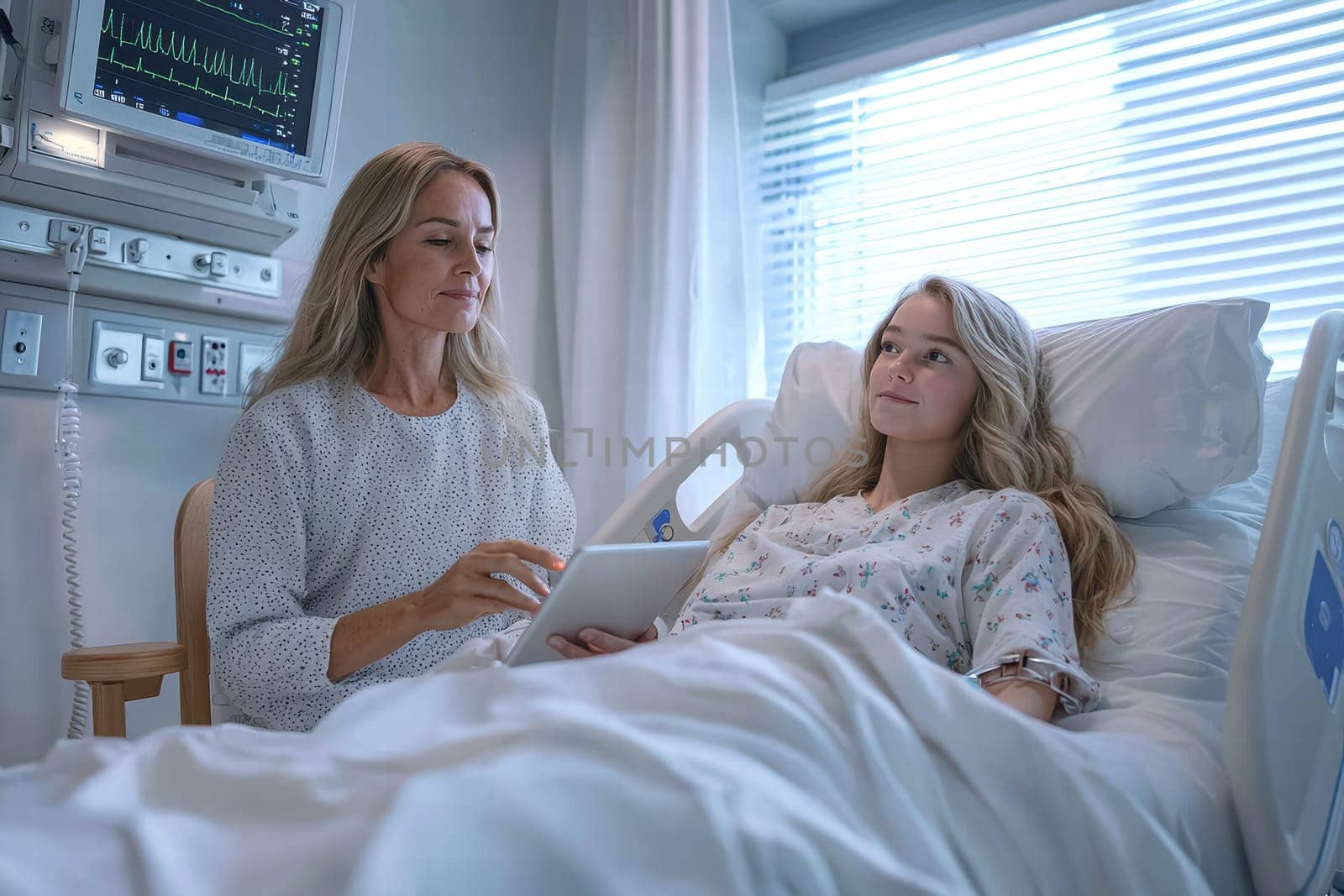A caring woman gently comforts a patient in a hospital, demonstrating both support and deep compassion