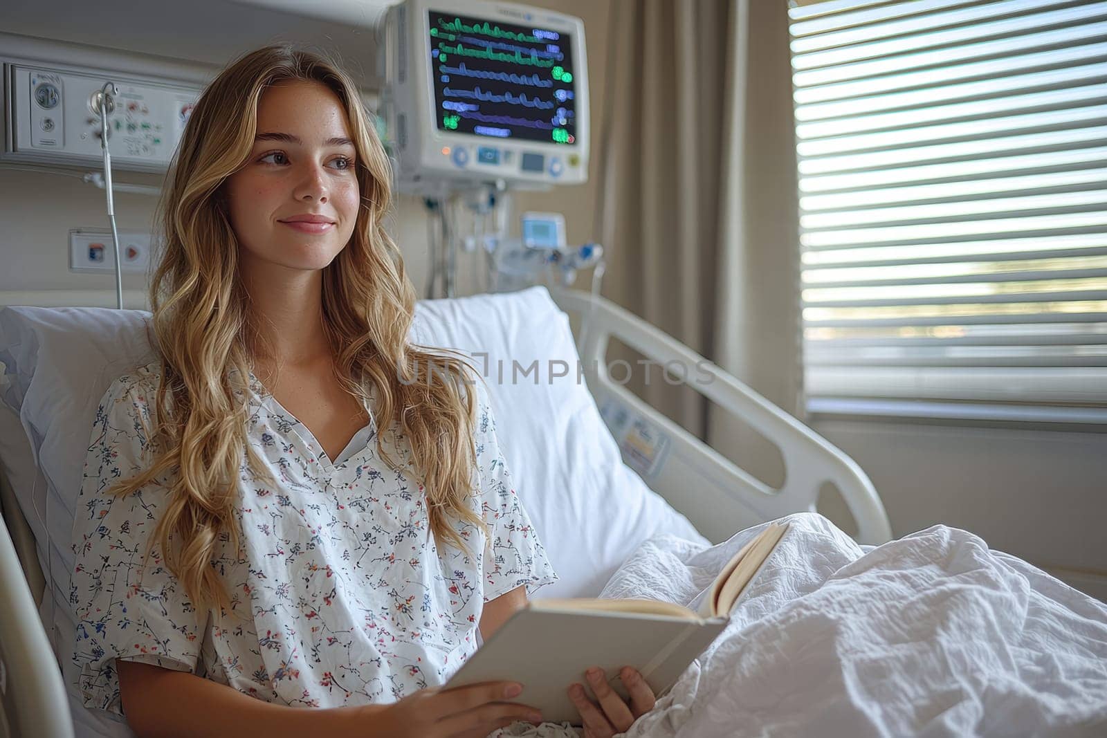 A young woman in a hospital bed is happily reading a book, radiating both positivity and a sense of hope