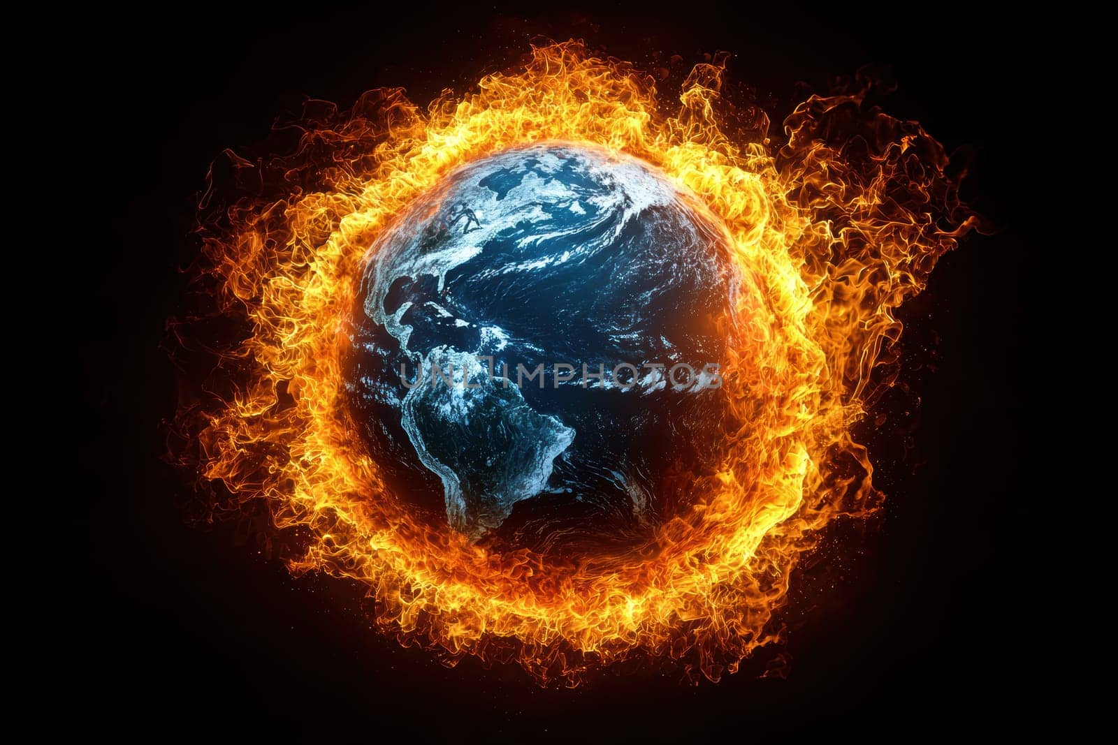 An artistic depiction of Earth engulfed in flames, vividly illustrating the urgent crisis of climate change
