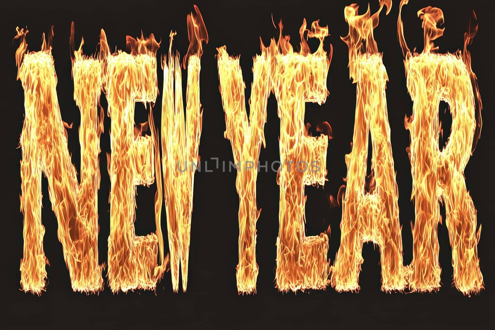 Vibrant, flaming text symbolizes the New Years celebration and excitement, capturing the festive spirit perfectly