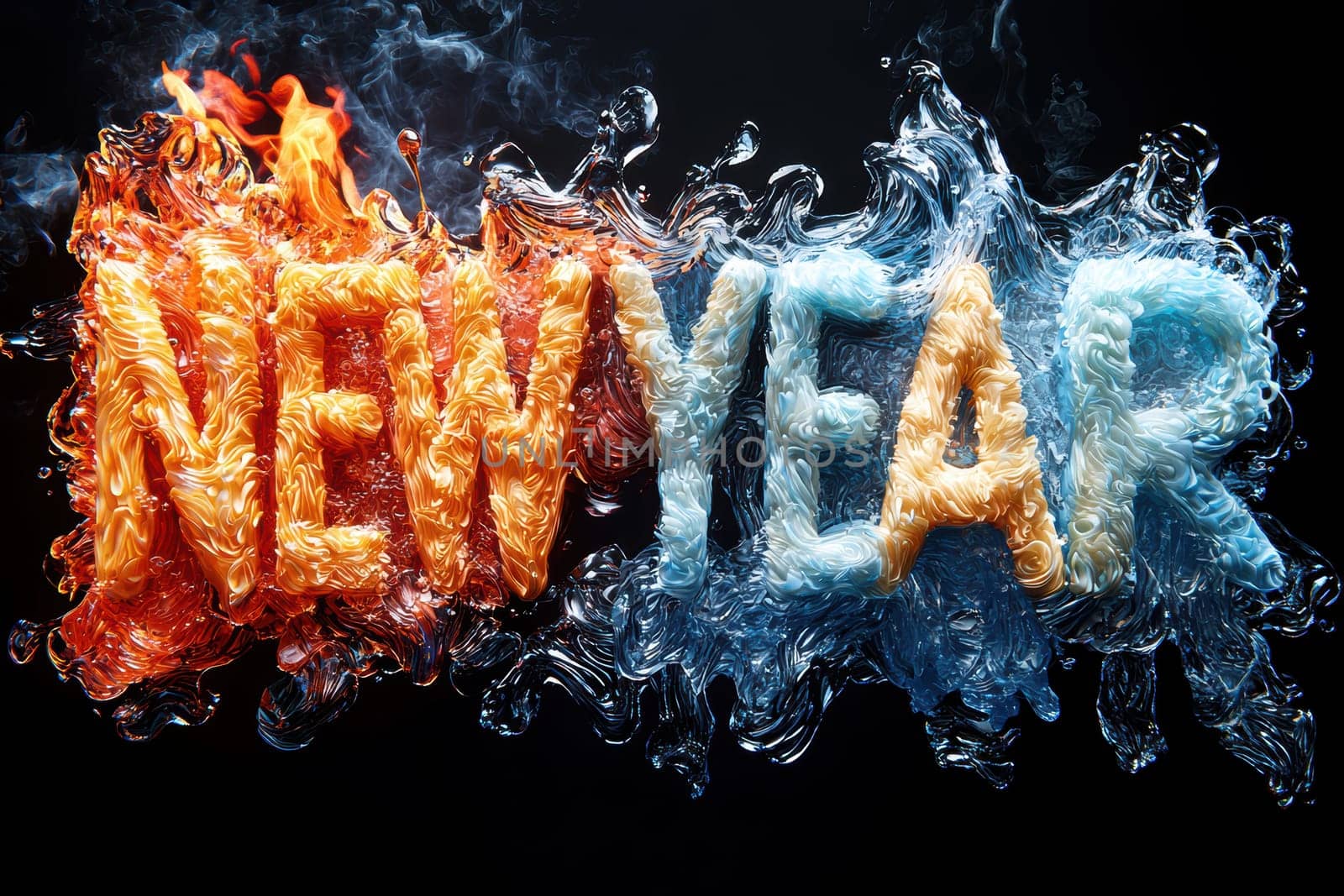 Vibrant 'New Year' text depicted in fire and ice for celebration themes. Perfect for festive designs.