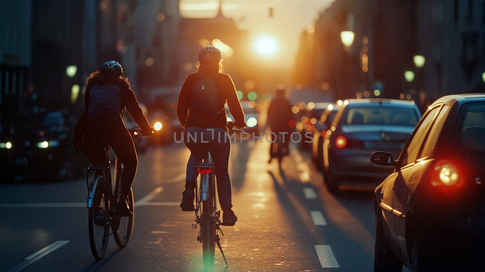 Two cyclists navigate a bustling street during sunset, with cars lining both sides and warm sunlight illuminating the cityscape - Generative AI