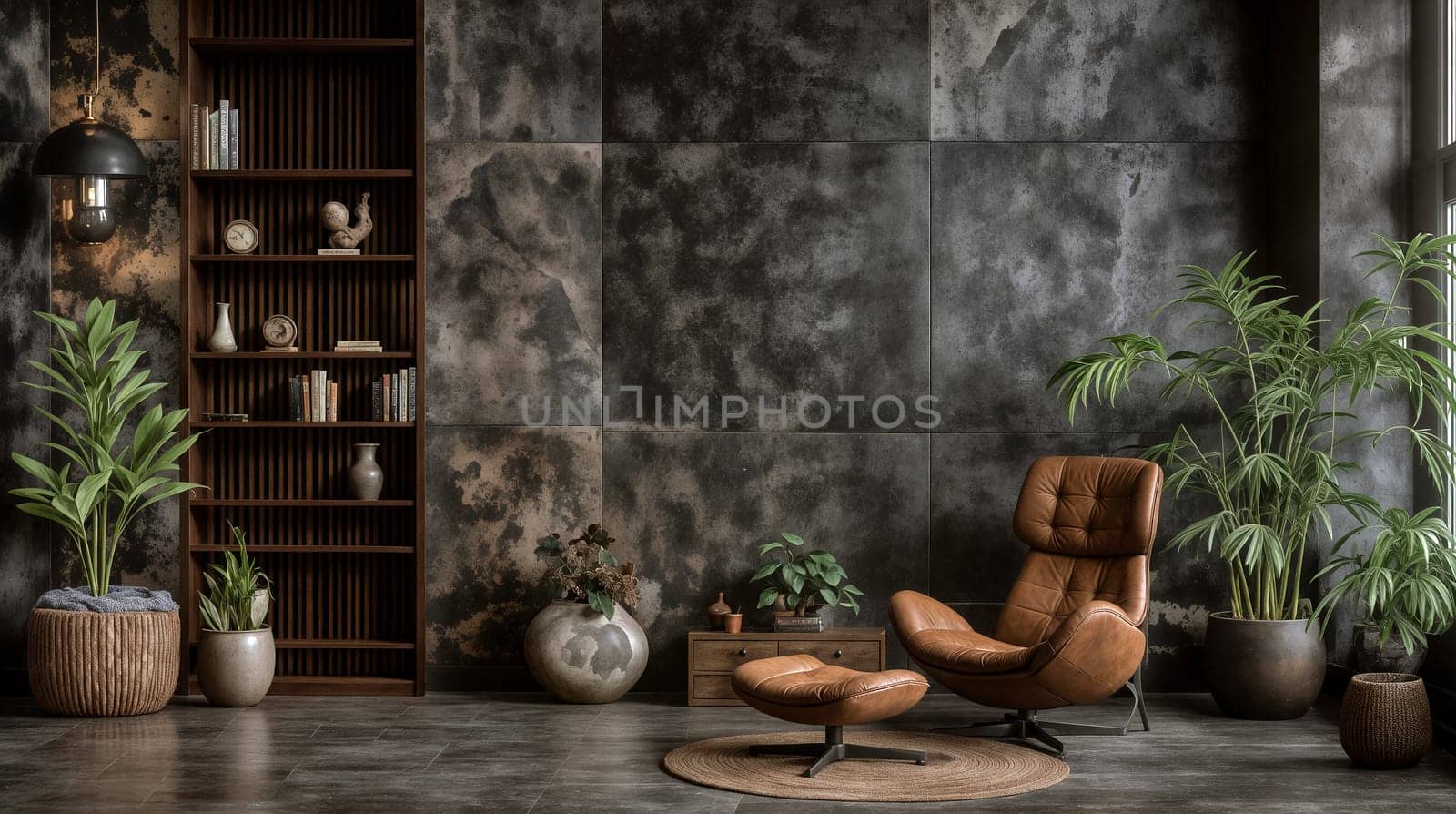 A contemporary living area features a brown leather chair, a wooden bookshelf, and various indoor plants, creating a serene atmosphere - Generative AI
