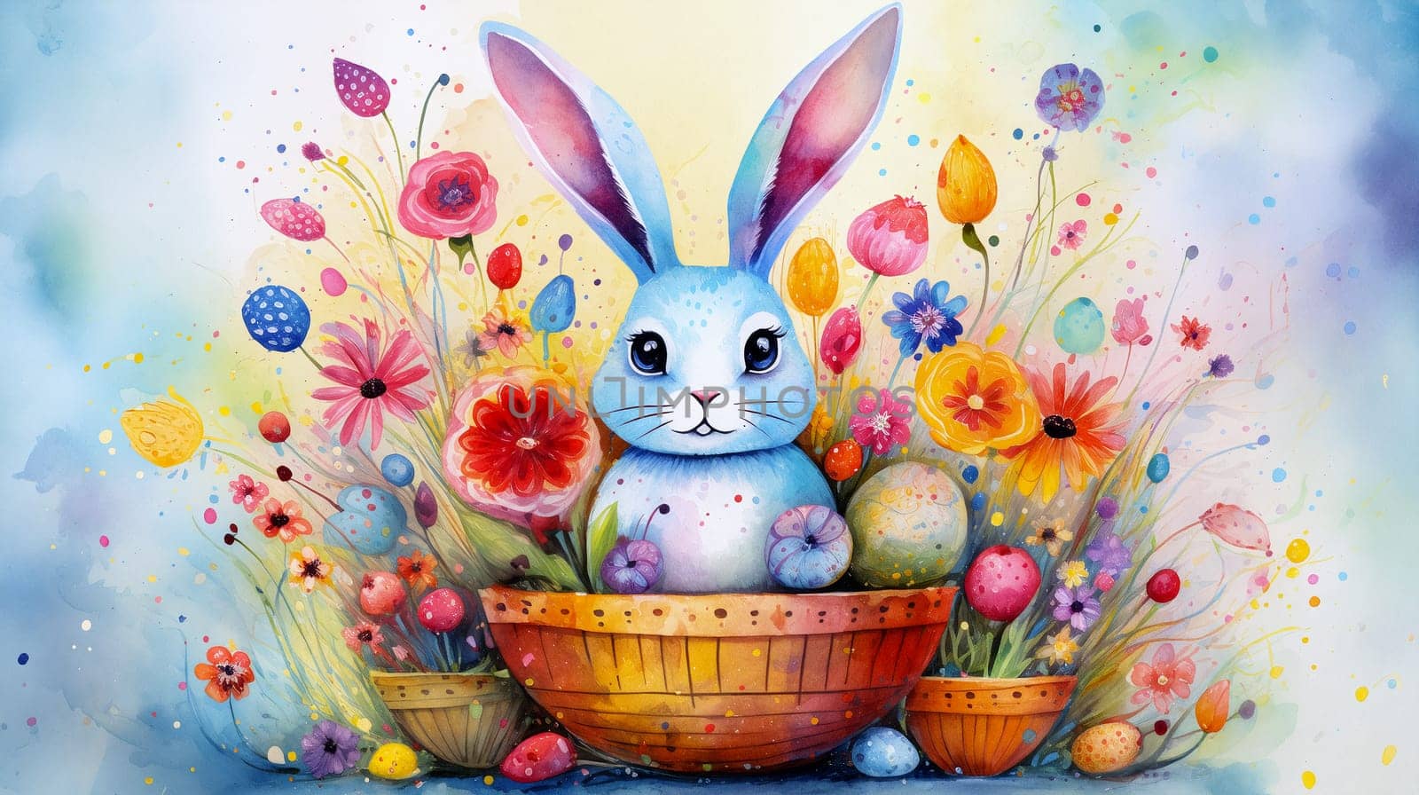 Painting of a blue bunny with big ears sitting in a basket filled with colorful flowers and decorated Easter eggs during a bright spring day - Generative AI
