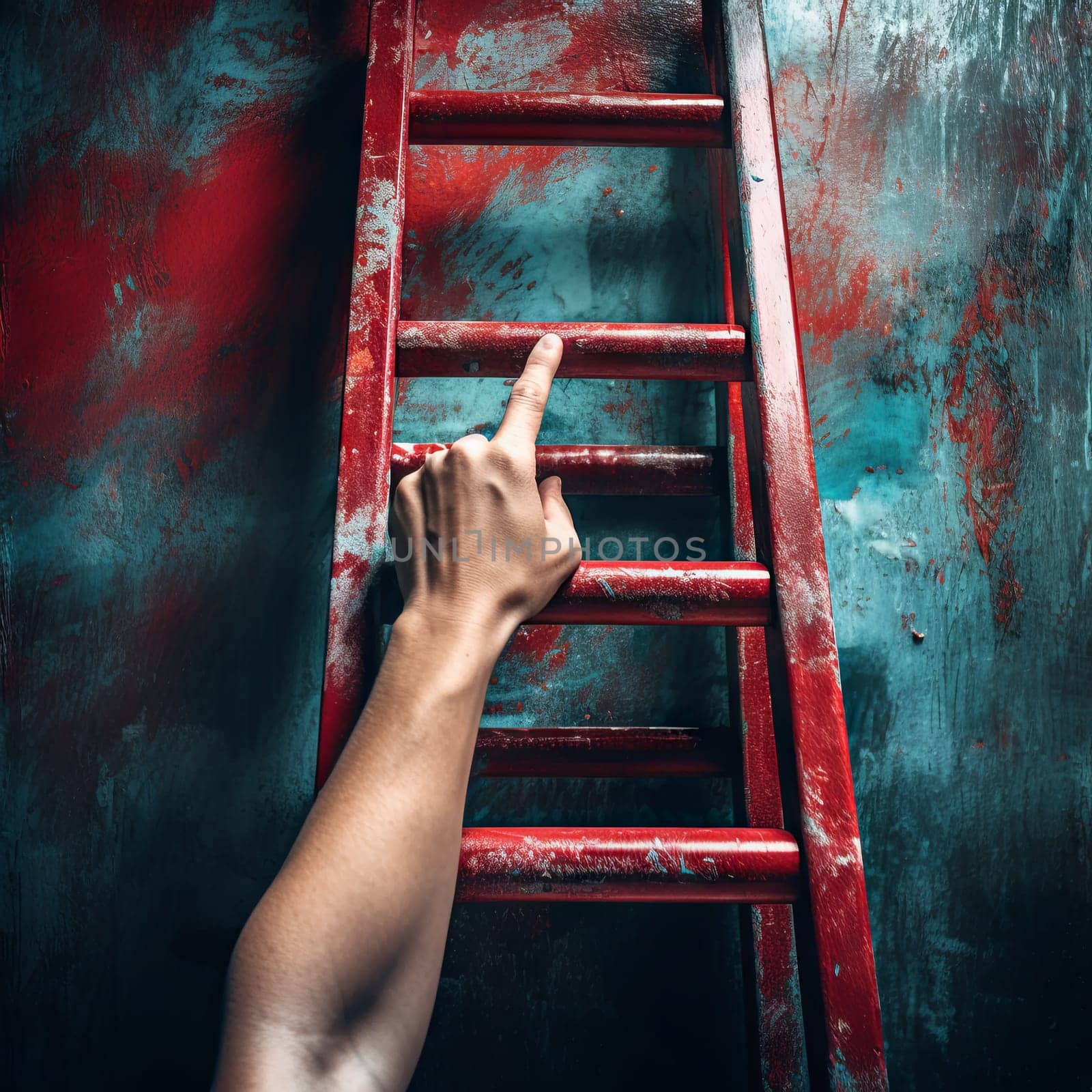 The red staircase leads up. A man rises to his goal. High quality photo