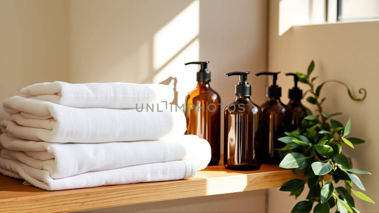 Spa treatment set, wooden shelf with neatly folded towels and dispensers for soap, cream, massage oil. High quality photo