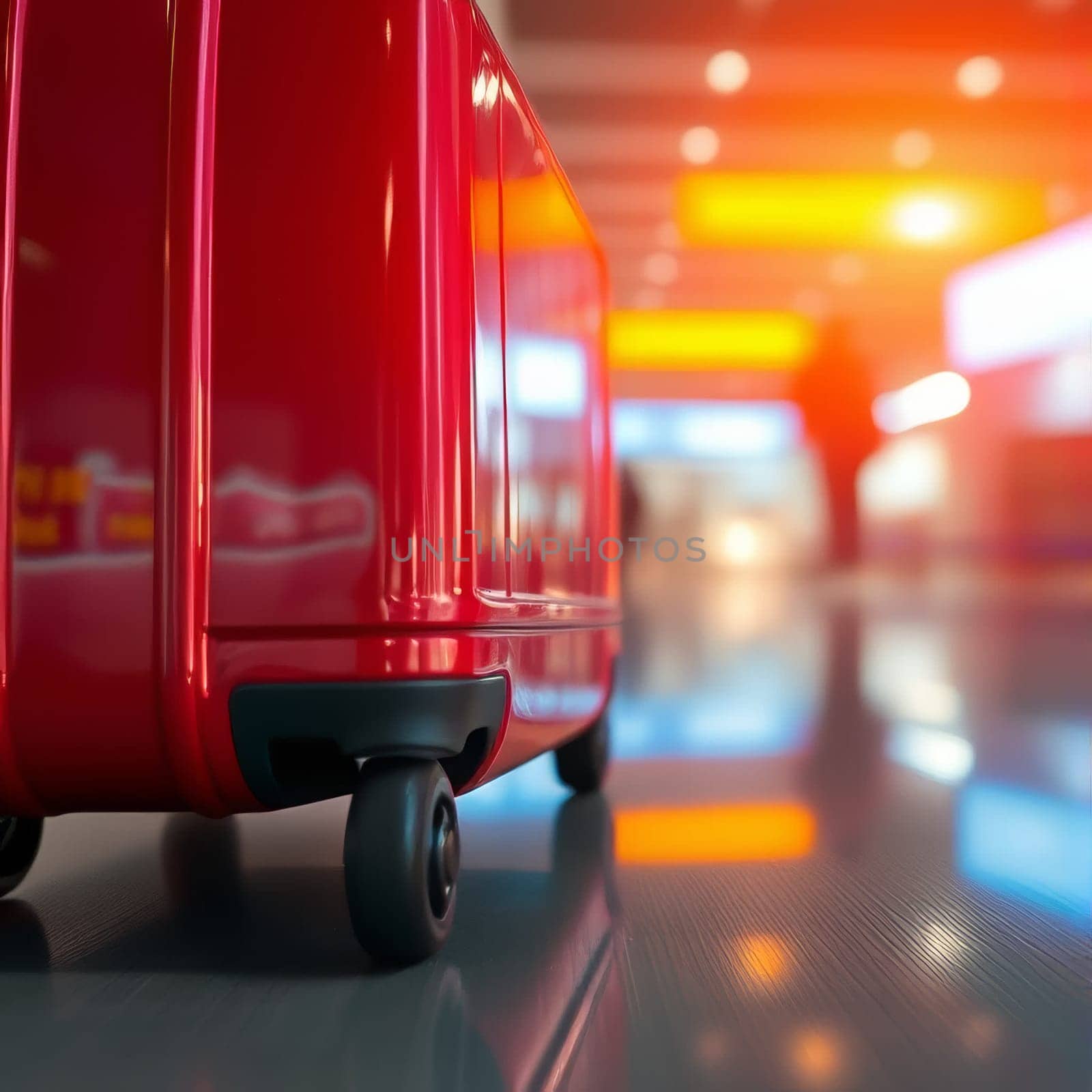 Red suitcase in the airport building. High quality photo
