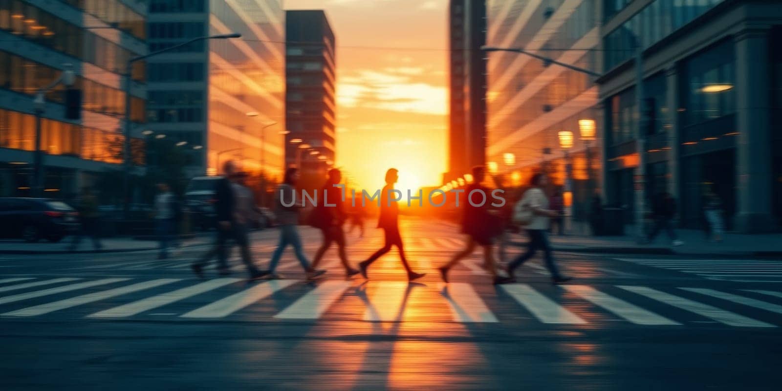 A lot of people walk along the pedestrian crossing during rush hour. High quality photo