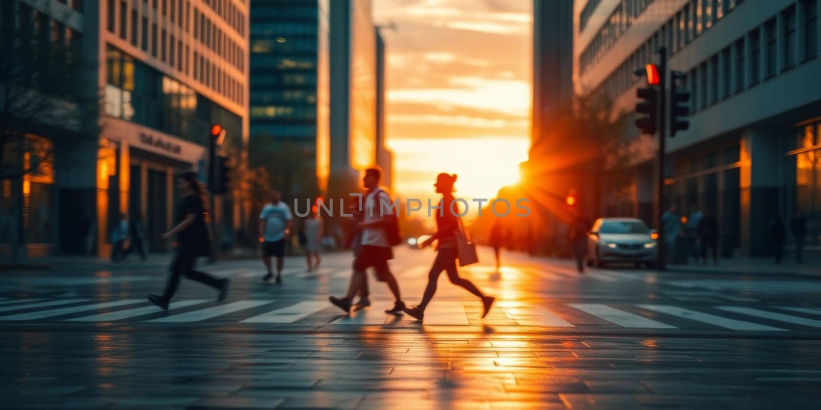 A lot of people walk along the pedestrian crossing during rush hour. High quality photo