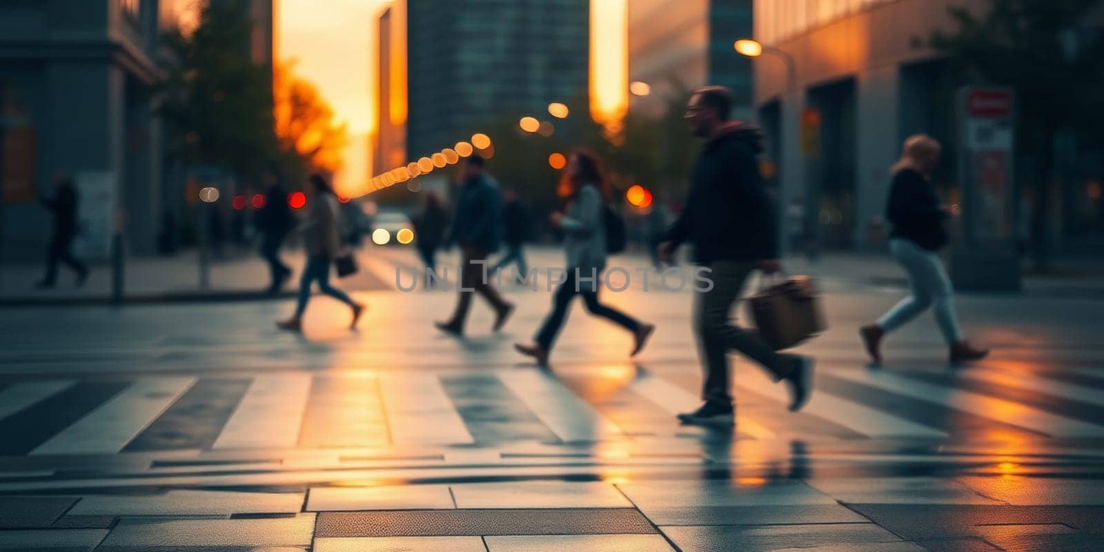 A lot of people walk along the pedestrian crossing during rush hour. High quality photo