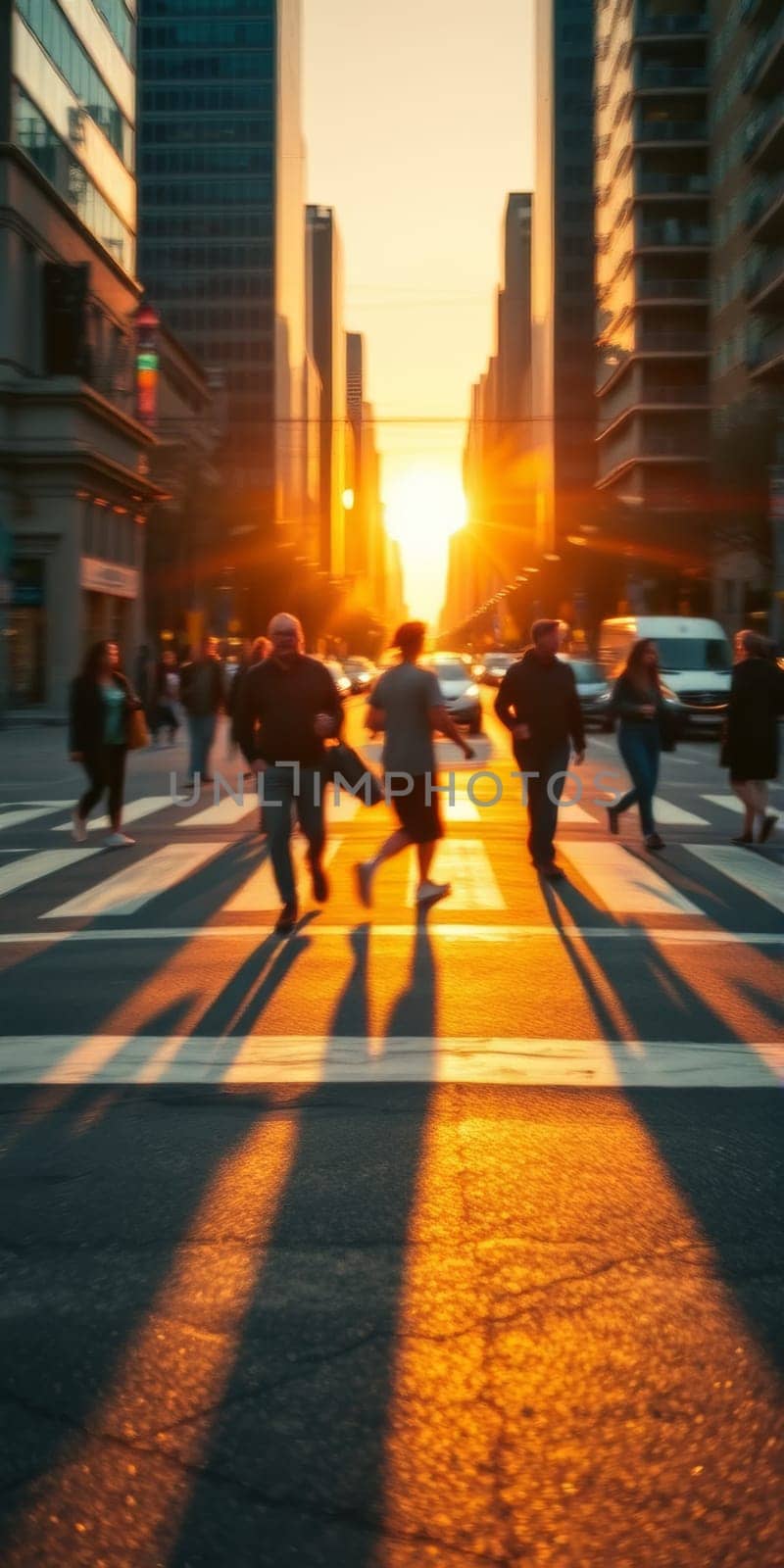 A lot of people walk along the pedestrian crossing during rush hour. High quality photo