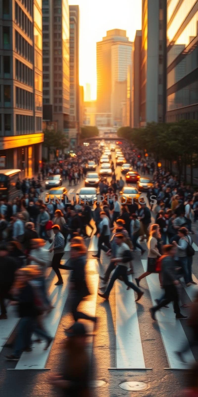 A lot of people walk along the pedestrian crossing during rush hour. High quality photo
