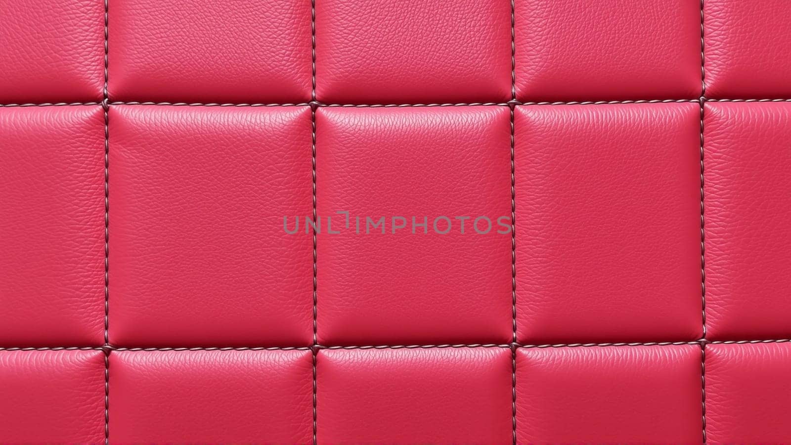 The surface texture of artificial leather in red, stitched in the form of rhombuses, squares, rectangles. Quilted eco-leather. High quality photo