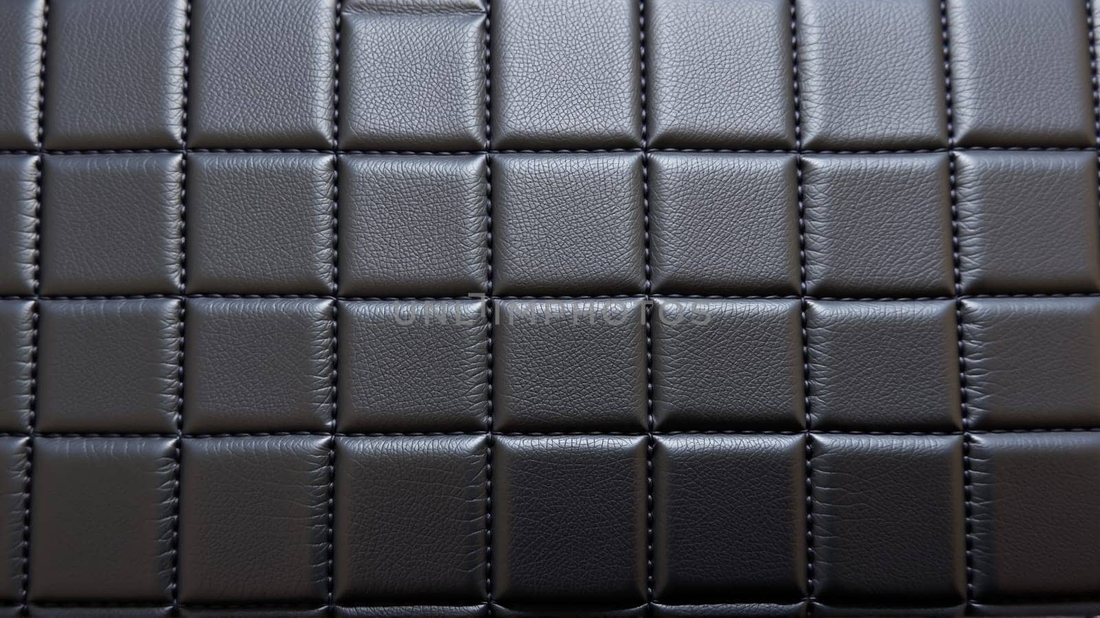 The surface texture of artificial leather in black, stitched in the form of diamonds, squares, rectangles. Quilted eco-leather. High-quality photo