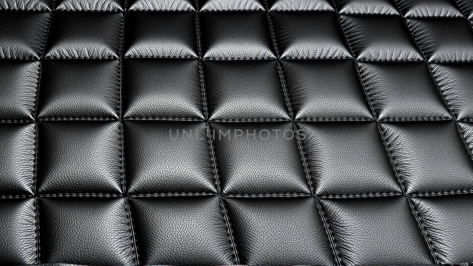 The surface texture of artificial leather in black, stitched in the form of diamonds, squares, rectangles. Quilted eco-leather. High-quality photo