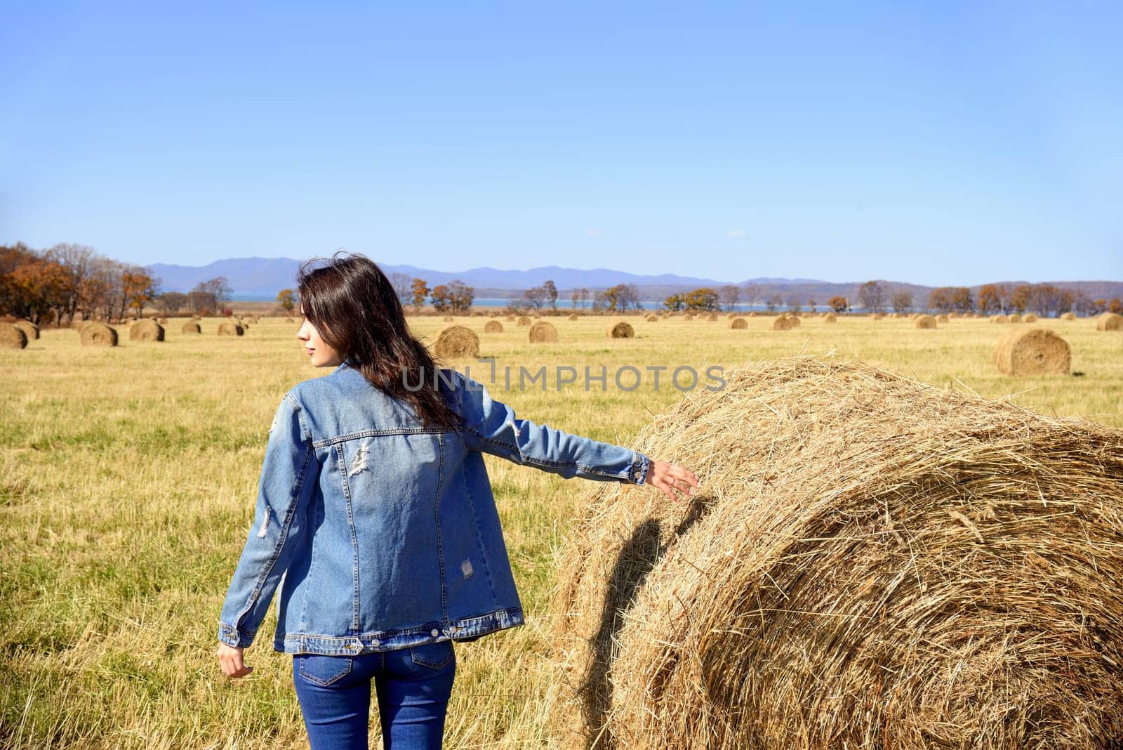 Young brunette woman in denim jacket standing near haystack in field with bales of hay. she looking to the left. Primorsky kray, Russia. Beauty in nature. Copy space
