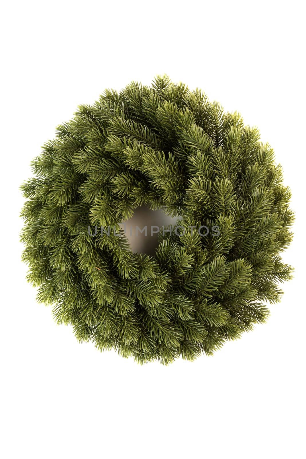 Christmas wreath made of artificial spruce branches for home decoration, on a white background