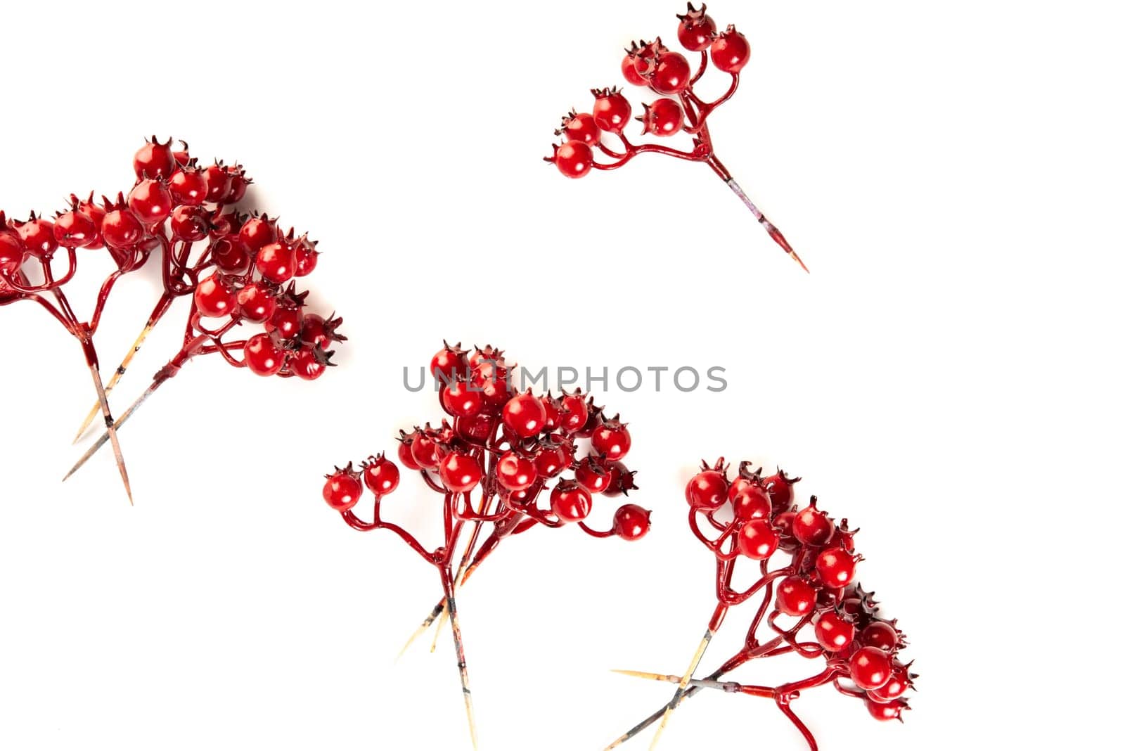 Artificial berries on a wire for needlework and decoration of gifts, wreaths on white background