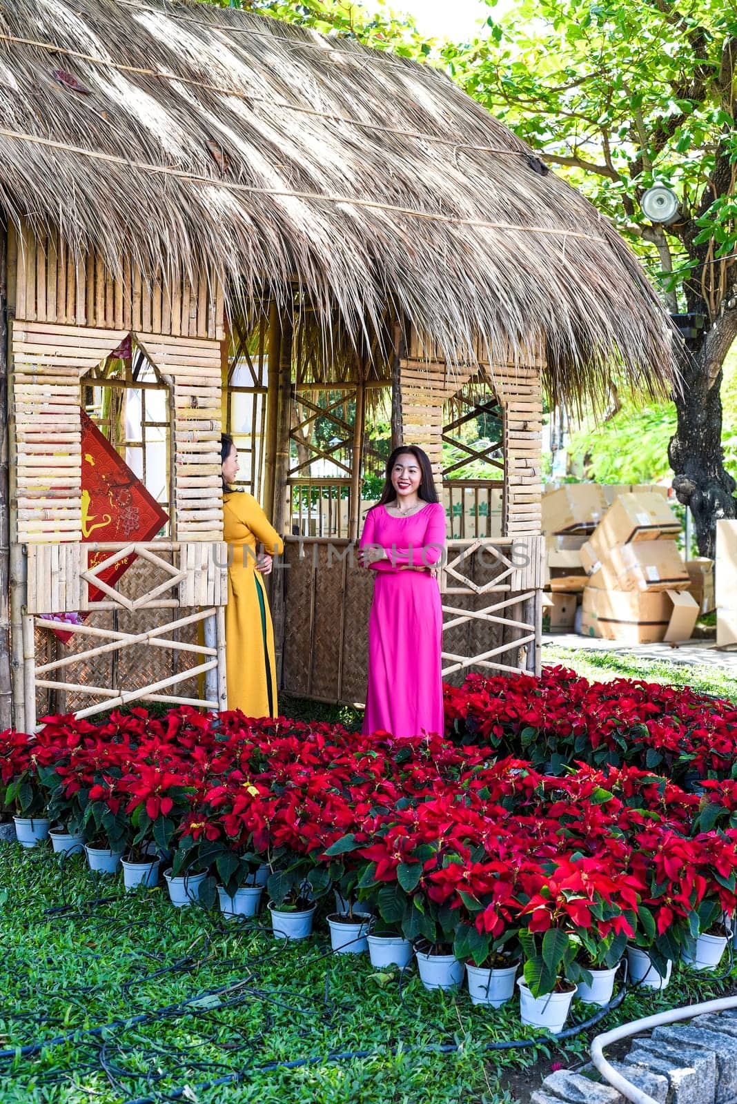 Nha Trang, Vietnam - 13 January 2023: two vietnamese women meeting guests in decoration with flowers for Tet Lunar New Year