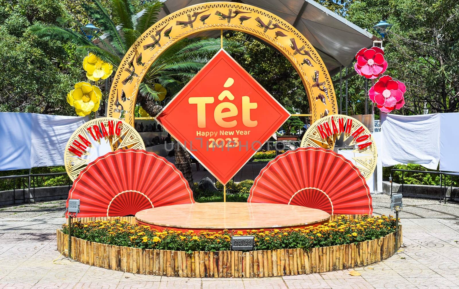 Nha Trang, Vietnam - 13 January 2023: decoration and flowers for Tet Lunar New Year