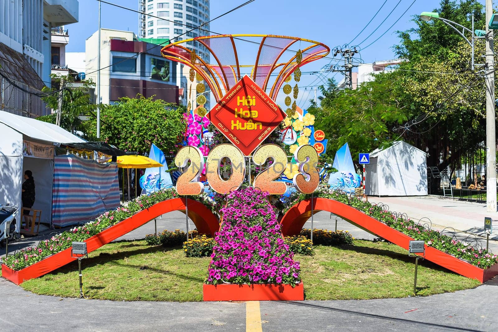 Nha Trang, Vietnam - 13 January 2023: decoration and flowers for Tet Lunar New Year