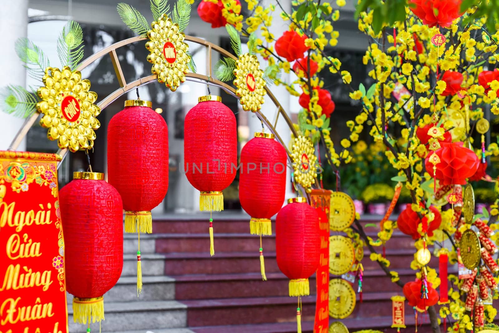 Nha Trang, Vietnam - 13 January 2023 decorations and yellow flowers as symbol of wealth for Tet Lunar New Year