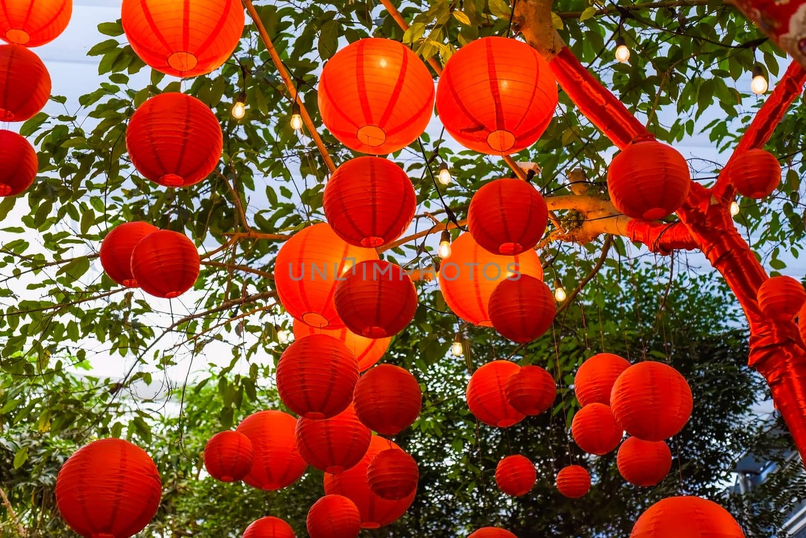 Many red lanterns hanging in Vietnam for Tet Lunar New Year