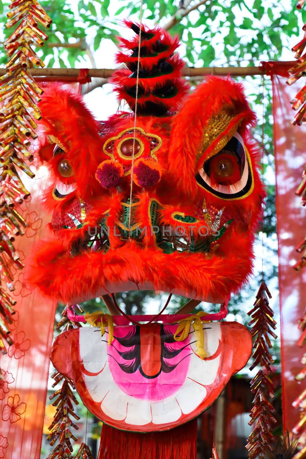 Big red head of dragon as decor for Tet Lunar New Year in Vietnam