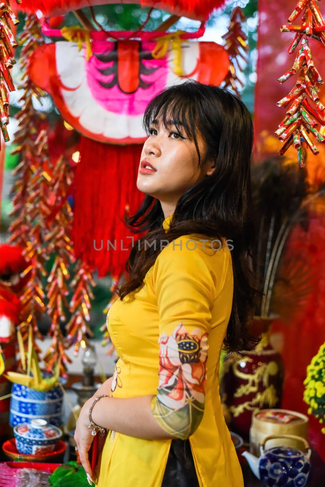 Beautiful Vietnamese woman in traditional vietnamese dress near red lanterns in Tet  Lunar New YearBeautiful Vietnamese woman in traditional vietnamese dress near red lanterns in Tet  Lunar New Year