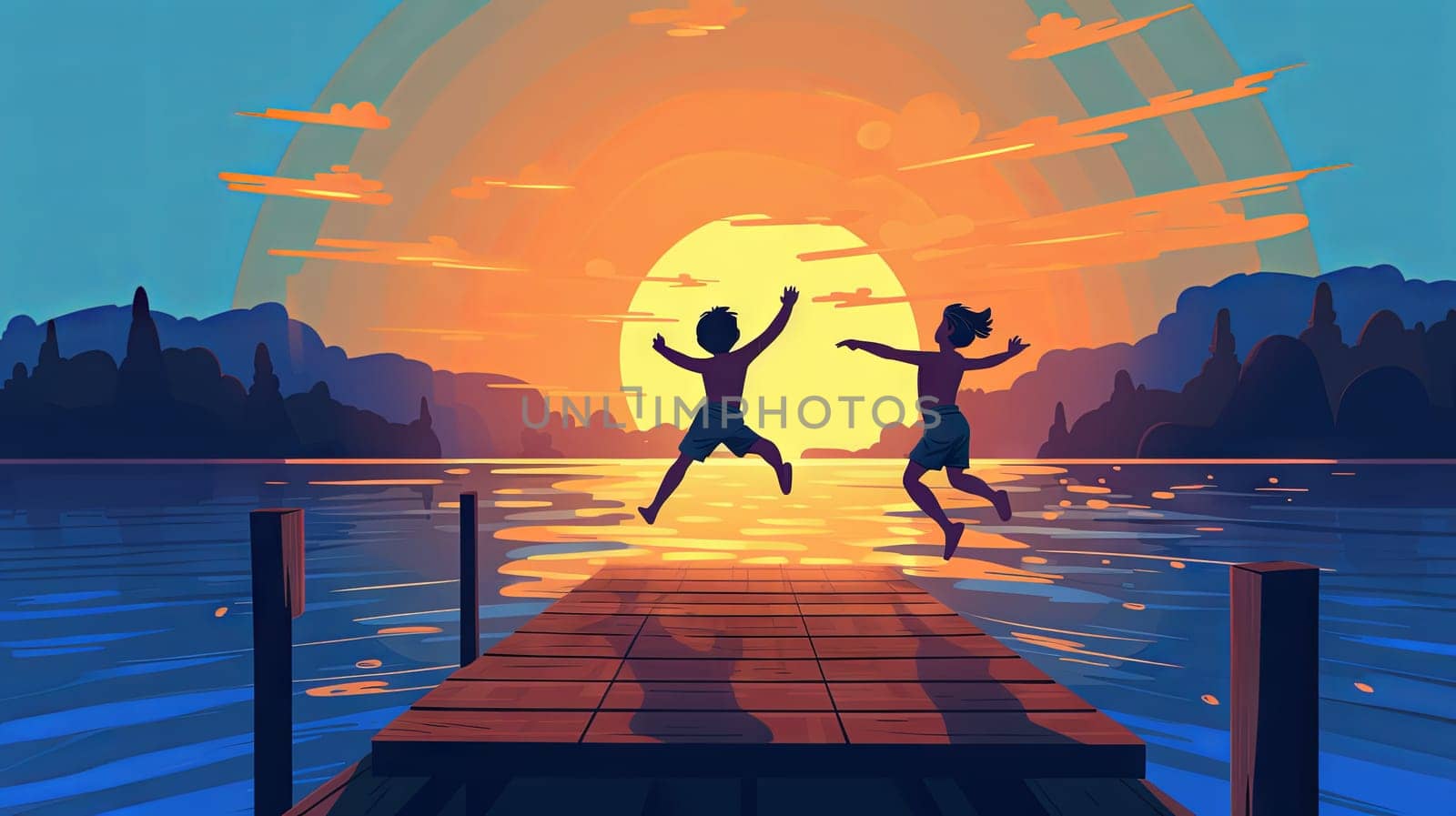 Children jump from the bridge into the pond in the light of the setting sun. High quality photo