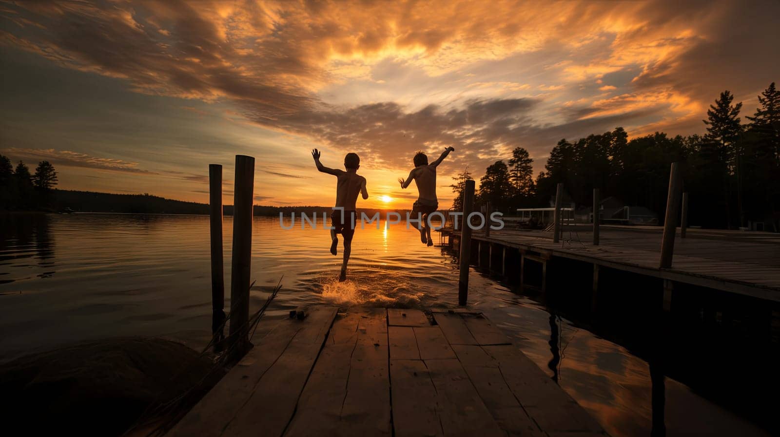 Children jump from the bridge into the pond in the light of the setting sun. High quality photo
