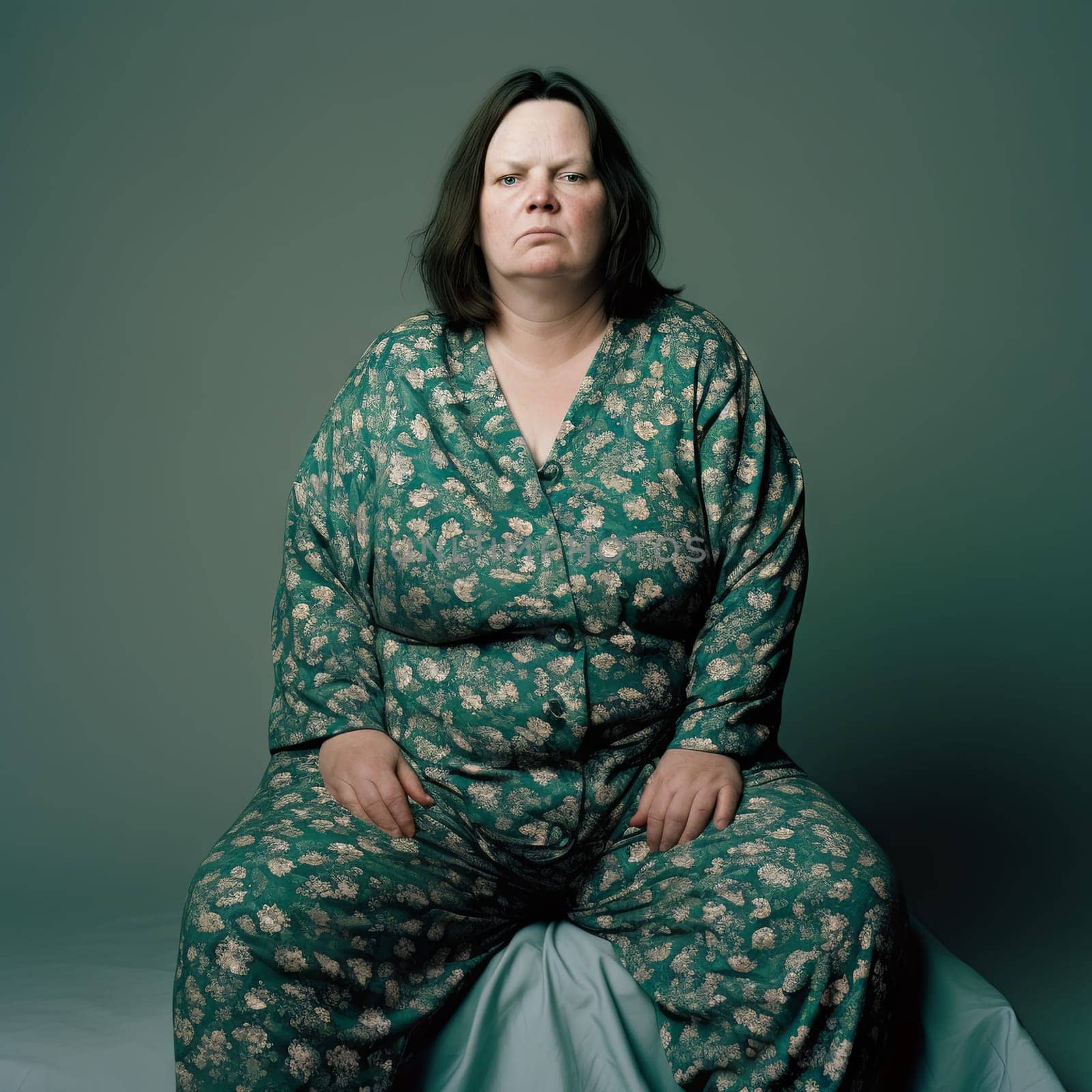 An image of a very sad woman who is overweight. Woman unable to lose weight. High quality photo