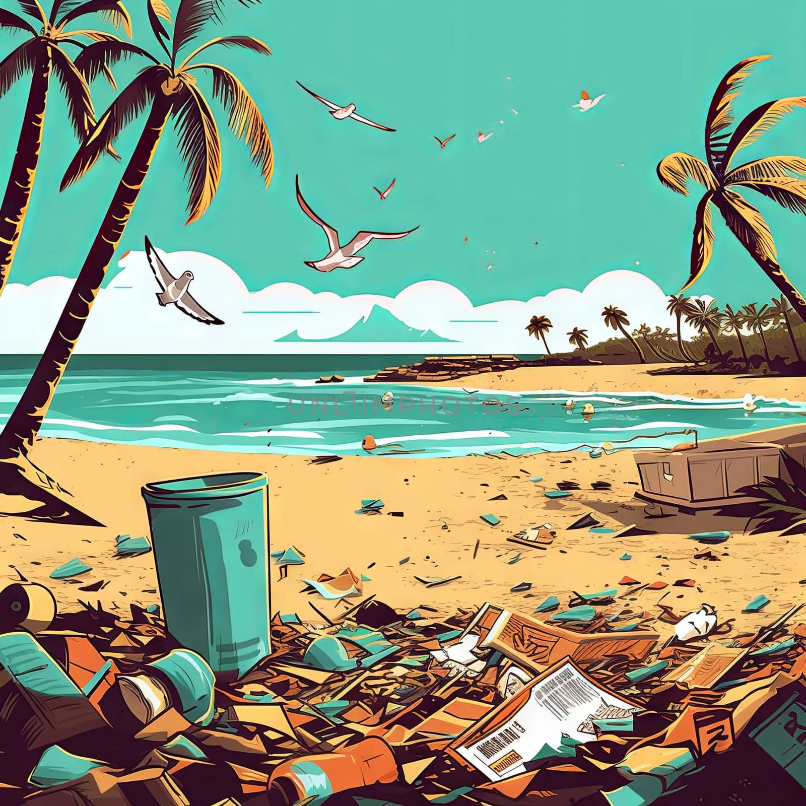 The problem of ecology. Heaps of garbage on the coast of the sea. High quality photo