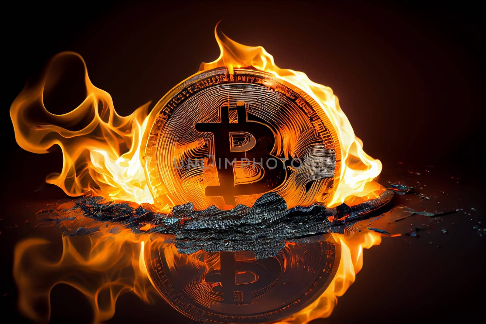 Burning in fire golden bitcoin on black background, Bitcoin coin in flames, burn cryptocurrency bit coin money, crash and blockchain bubble, Generative AI