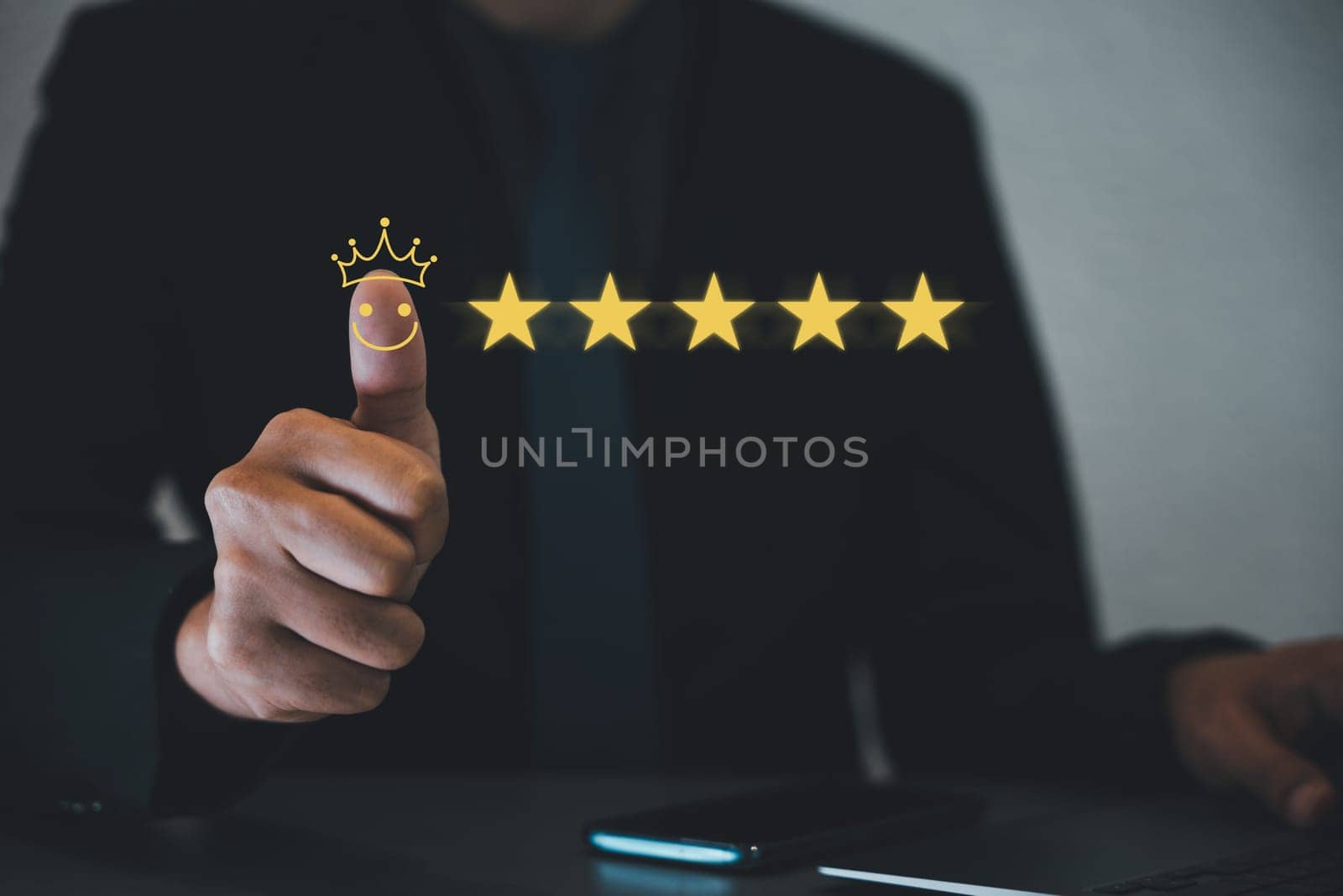 Customer satisfaction guaranteed. A hand showing a thumbs up and five-star rating symbol, reflecting trust, loyalty, and great service. Ideal for business and marketing reviews, feedback, and surveys