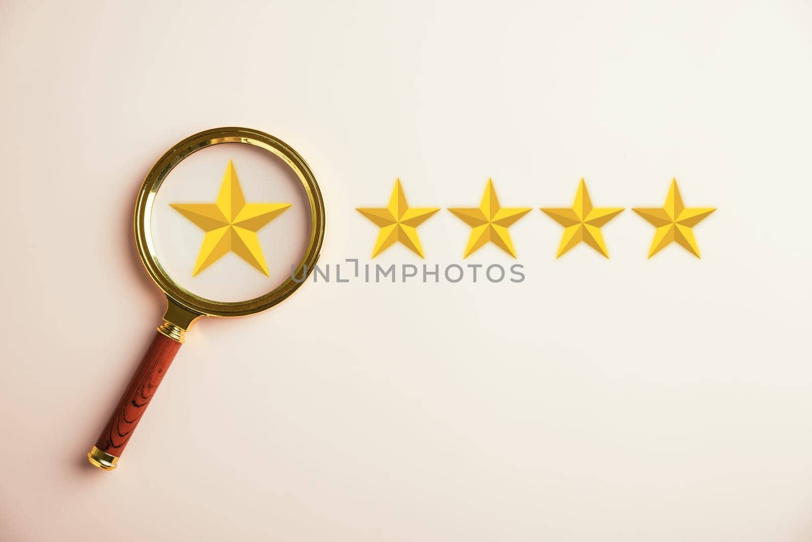Customer utilizing magnifier glass focuses on five stars icon for rating service. Satisfaction evaluation survey and review. Excellent rating. User contributes feedback for good business network score