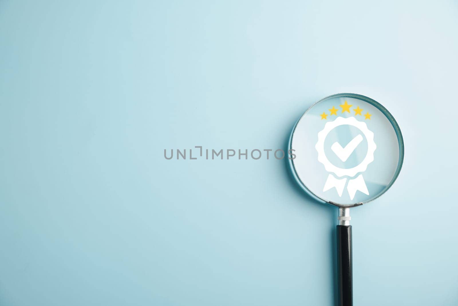 Magnifying glass reveals an aligned icon, symbolizing quality assurance certificate. Emphasizing the importance of certification and ISO quality concept for confidence in good service.