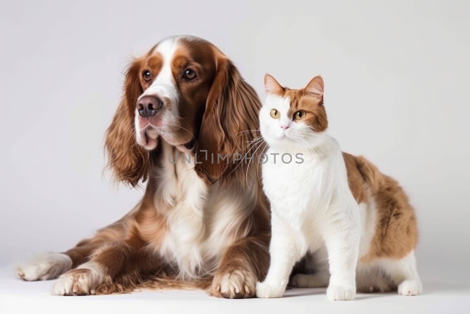 The domestic duo of a dog and cat sitting together, showcasing the perfect example of companionship. - AI Generative