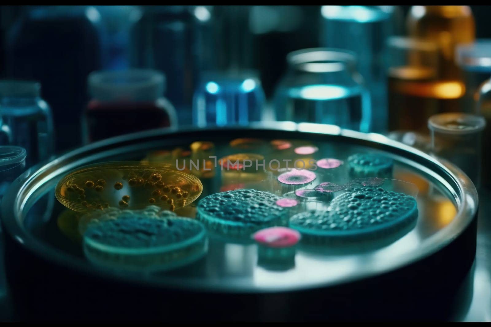 Petri dish with antibiotic assay and isolated bacteria on abstract background is AI Generative.