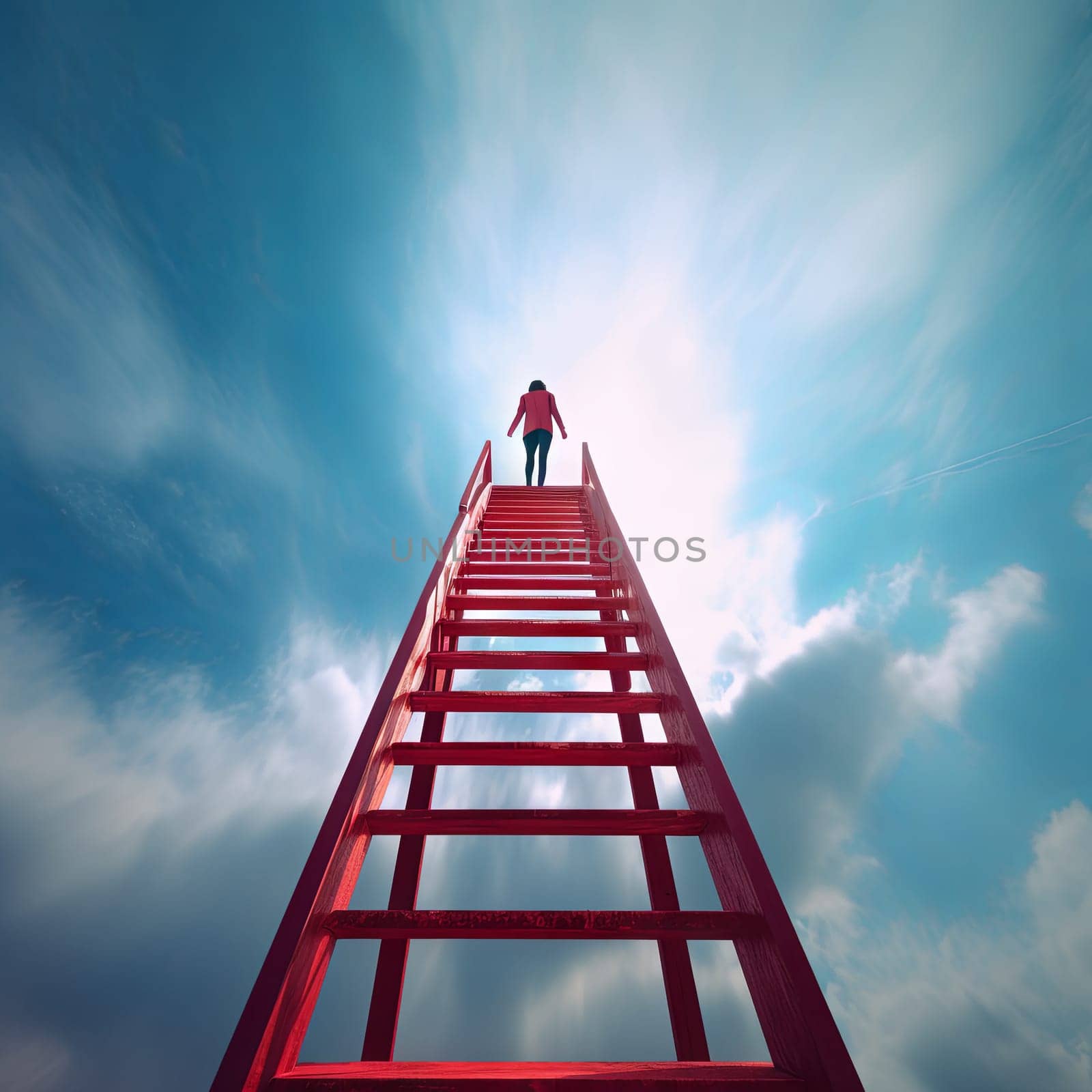 The red staircase leads up. Woman rises to her goal. High quality photo